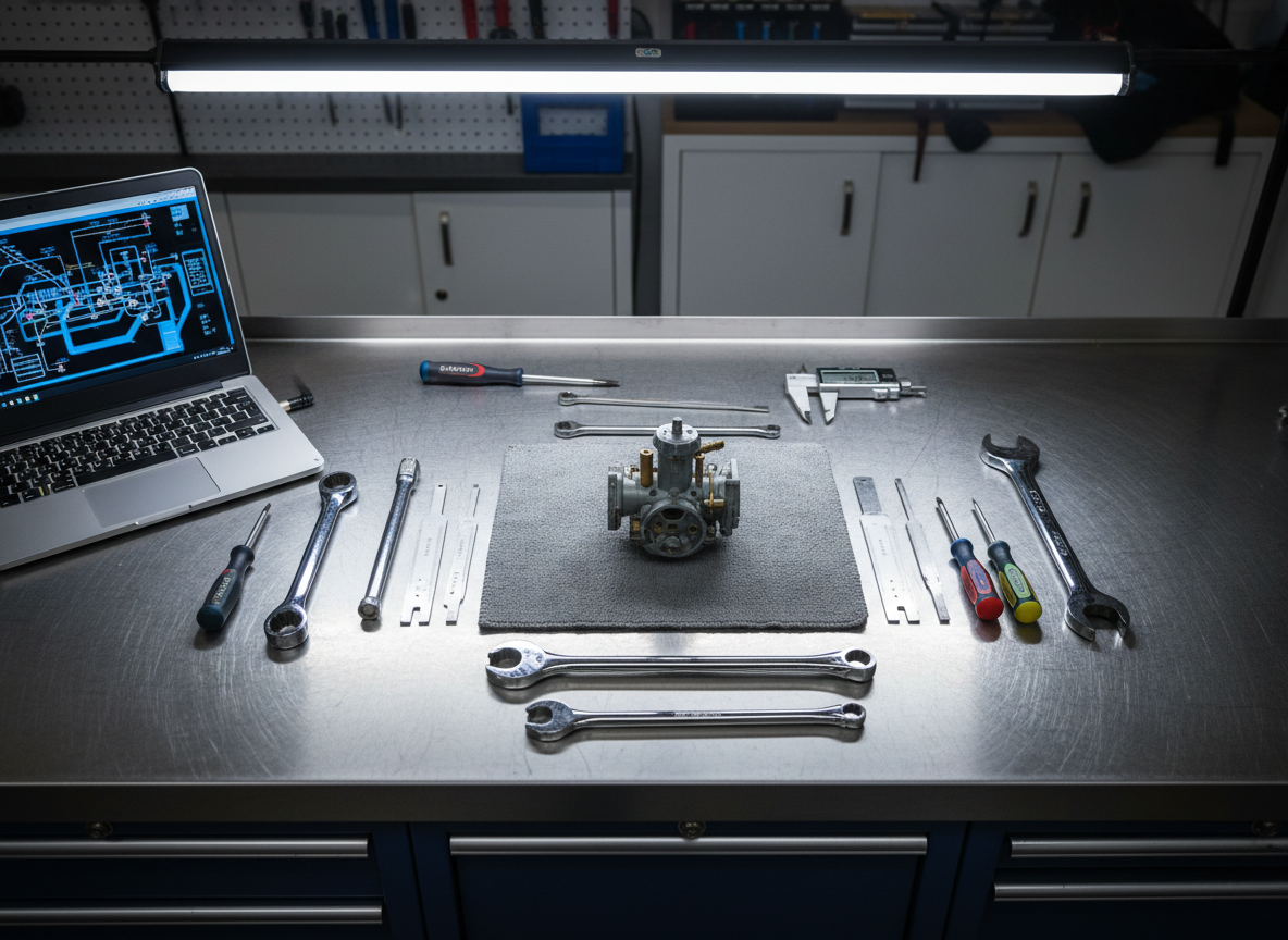 An overhead, photographic shot of a spotless steel workbench featuring a carefully laid-out set of motorcycle repair tools: precision torque wrenches, feeler gauges, calipers, screwdrivers with color-coded handles, and a laptop displaying a wiring diagram. A partially disassembled, older motorcycle carburetor sits on a clean microfiber mat at the center. Cool white LED light from above creates even, shadow-free illumination, highlighting the brushed metal textures and subtle wear marks that suggest experience without clutter. The background falls away in soft blur, hinting at pegboards and storage cabinets. The composition is neat and symmetrical, evoking a professional, trustworthy atmosphere that emphasizes technical expertise and modern methods applied to classic machines.