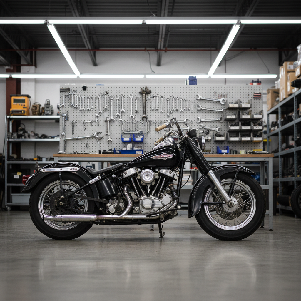 A classic, slightly weathered black motorcycle with chrome accents parked on a clean concrete workshop floor, its engine and mechanical components in sharp focus. Behind it, organized wall-mounted racks hold neatly arranged wrenches, torque tools, and labeled parts bins. Overhead fluorescent shop lights cast bright, even illumination, creating crisp reflections on polished metal and subtle shadows beneath the bike. In the background, blurred shelves display old and new motorcycle parts, from vintage carburetors to modern diagnostic tools. Photographic realism with a professional, clean aesthetic, captured at eye level with a medium depth of field, conveying trust, precision, and expertise in motorcycle repair for machines of any age.
