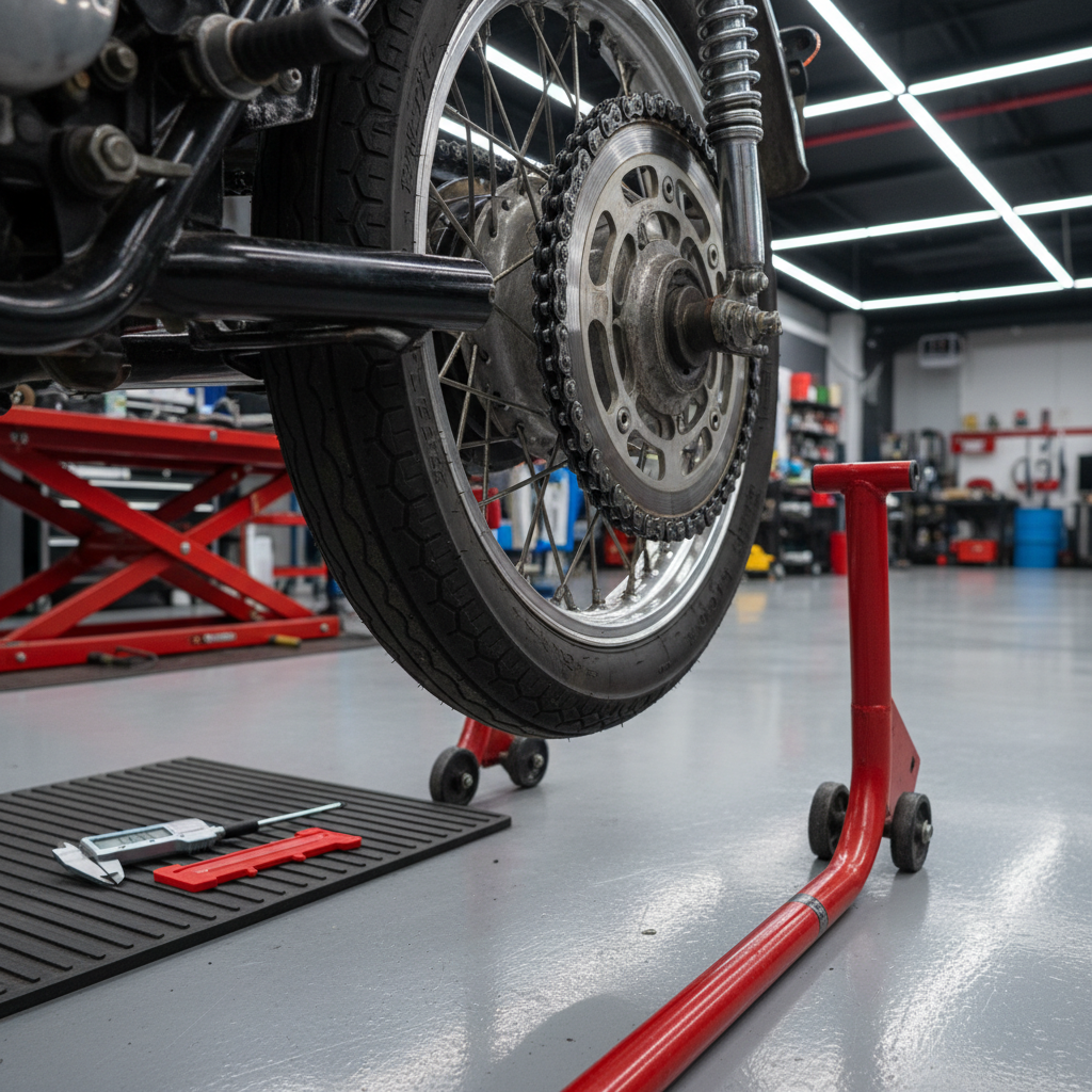 A detailed close-up of a motorcycle’s rear wheel and brake assembly from an older model, the chain freshly lubricated, sprocket teeth sharp, and a new brake rotor gleaming against a subtly worn hub. The wheel rests on a red rear paddock stand atop a spotless epoxy-coated floor. A digital caliper and brake pad thickness gauge lie neatly nearby on a dark rubber mat. Overhead LED strip lights create clean, cool highlights along metal surfaces and precise linear reflections on the rotor, with background elements of the workshop fading into soft bokeh. Captured at a low angle with shallow depth of field in photographic realism, the atmosphere is technical, precise, and reassuringly professional, highlighting safety-focused maintenance for aging motorcycles.