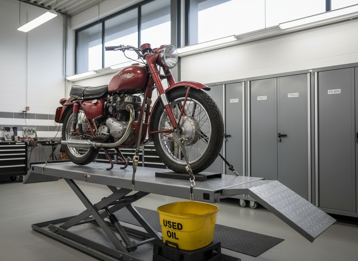 A side view of a vintage, slightly faded red motorcycle securely fastened on a hydraulic lift in a bright, organized repair bay. The bike’s classic lines, spoked wheels, and analog gauges stand out, while under the lift a labeled oil drain pan and clean absorbent mats emphasize professionalism. In the background, tall metal cabinets with closed doors and clearly printed labels line the wall. Large windows admit soft, diffused daylight, complemented by overhead shop lights that produce a balanced, natural illumination with gentle shadows. Shot from a low, three-quarter angle in photographic realism, the composition uses the rule of thirds to place the motorcycle prominently, conveying respect for older bikes and a calm, confident workshop atmosphere.