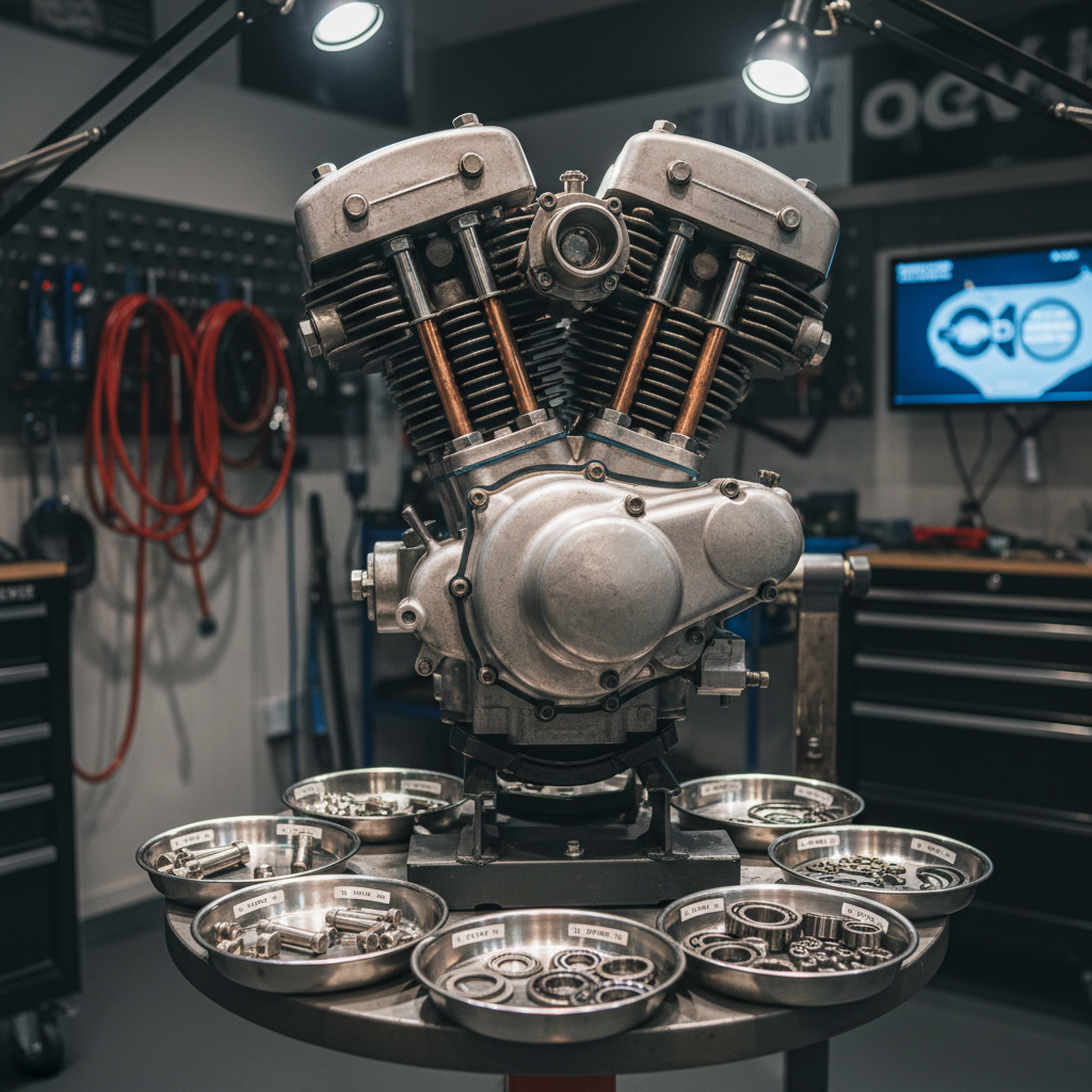 A close-up, photographic realistic view of an older motorcycle engine on a heavy-duty repair stand, its aluminum fins slightly dulled, steel bolts showing gentle patina, and new gaskets precisely aligned. The engine is surrounded by a tidy ring of labeled stainless steel trays holding bolts, shims, and bearings. Overhead LED task lighting creates bright, focused illumination on the engine, with controlled shadows emphasizing texture and craftsmanship. The background is softly blurred but reveals a modern, well-organized workshop with neatly coiled air hoses and diagnostic equipment. Shot from a slightly elevated angle with shallow depth of field, the mood is professional and meticulous, showcasing the care and attention given to aging motorcycles that dealers no longer service.