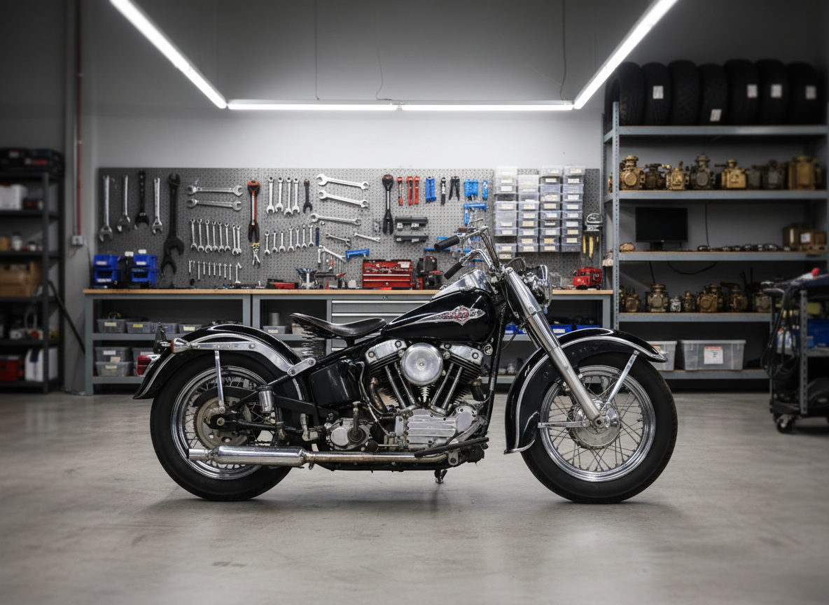 A classic, slightly weathered black motorcycle with chrome accents parked on a clean concrete workshop floor, its engine and mechanical components in sharp focus. Behind it, organized wall-mounted racks hold neatly arranged wrenches, torque tools, and labeled parts bins. Overhead fluorescent shop lights cast bright, even illumination, creating crisp reflections on polished metal and subtle shadows beneath the bike. In the background, blurred shelves display old and new motorcycle parts, from vintage carburetors to modern diagnostic tools. Photographic realism with a professional, clean aesthetic, captured at eye level with a medium depth of field, conveying trust, precision, and expertise in motorcycle repair for machines of any age.