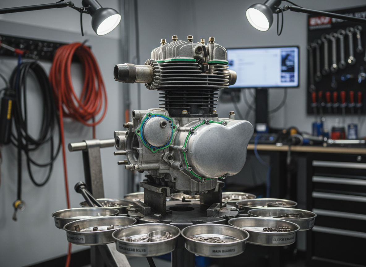 A close-up, photographic realistic view of an older motorcycle engine on a heavy-duty repair stand, its aluminum fins slightly dulled, steel bolts showing gentle patina, and new gaskets precisely aligned. The engine is surrounded by a tidy ring of labeled stainless steel trays holding bolts, shims, and bearings. Overhead LED task lighting creates bright, focused illumination on the engine, with controlled shadows emphasizing texture and craftsmanship. The background is softly blurred but reveals a modern, well-organized workshop with neatly coiled air hoses and diagnostic equipment. Shot from a slightly elevated angle with shallow depth of field, the mood is professional and meticulous, showcasing the care and attention given to aging motorcycles that dealers no longer service.