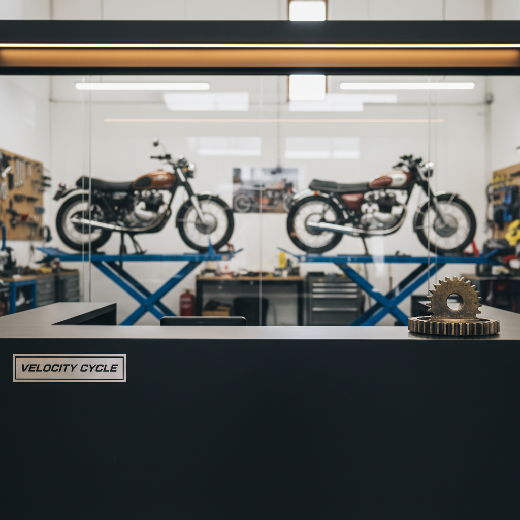 A clean, minimalist reception counter in a motorcycle repair shop, designed without human presence, featuring a matte black surface, a small metal sign reading “Velocity Cycle” engraved in modern type, and a vintage brass motorcycle gear used as a paperweight. Behind the counter, a glass wall reveals a tidy workshop with a few older motorcycles on lifts, slightly blurred. Soft, diffused daylight from high windows combines with warm, subtle overhead lighting, creating a balanced, inviting glow. Photographic realism, shot at eye level with a medium depth of field and centered composition, conveys a professional yet welcoming mood, reinforcing the message that even bikes considered too old by dealers are treated with modern, organized care here.